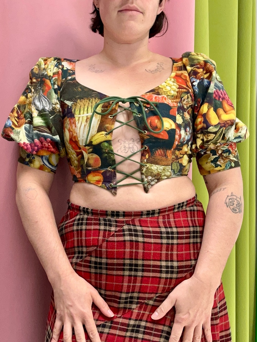 Samantha Pleet Multi-Colored Fruit Print Lace-Up Corset Crop Top Puffy Sleeves - Picture 2 of 9